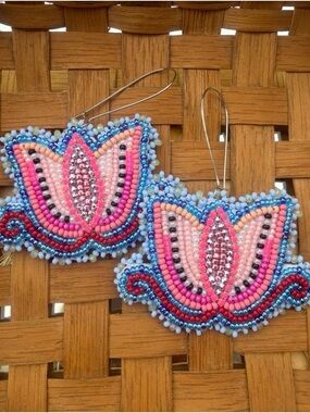 Native Handmade Pink Beaded Lotus Drop Earrings